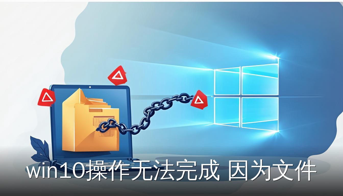 Windows 10 文件被资源管理器锁定的插画，显示锁链和警告标志